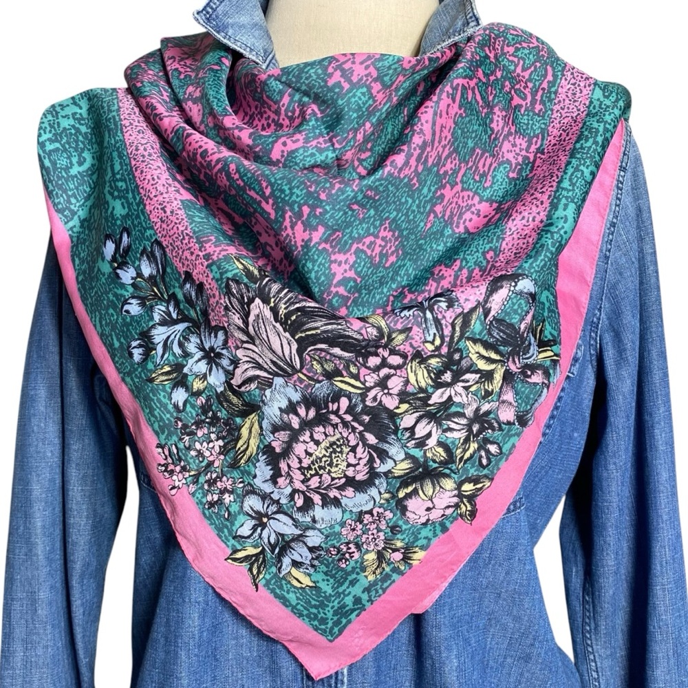 Vintage Floral Scarf Teal Pink - Picture 2 of 4